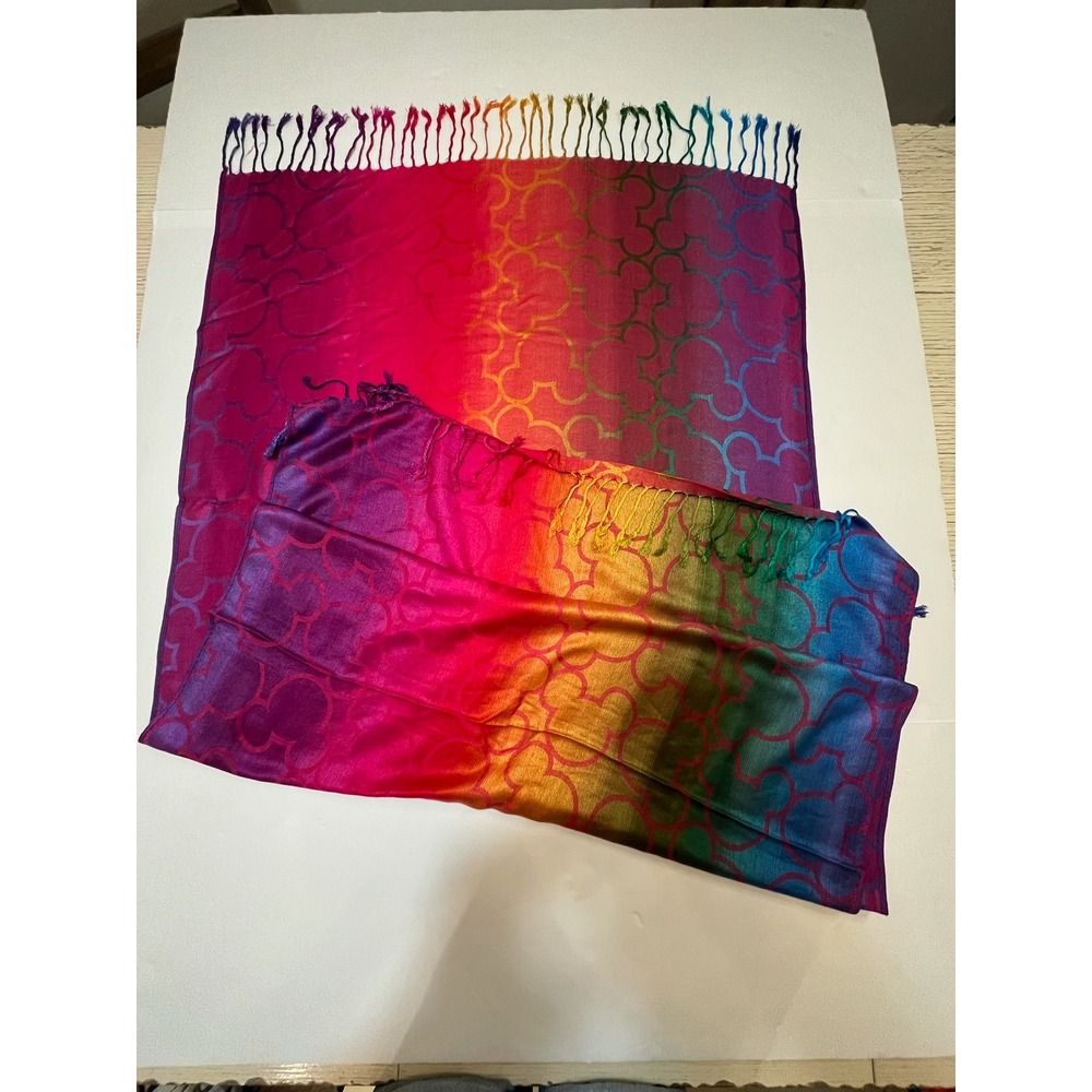 Disney Parks Mickey Mouse Scarf Womens OS Rainbow Ombre Fringe Wrap